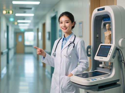 年轻女性医生在医院使用智能血压计进行健康监测，白色医疗背景，专业医疗设备，现代医疗场景
